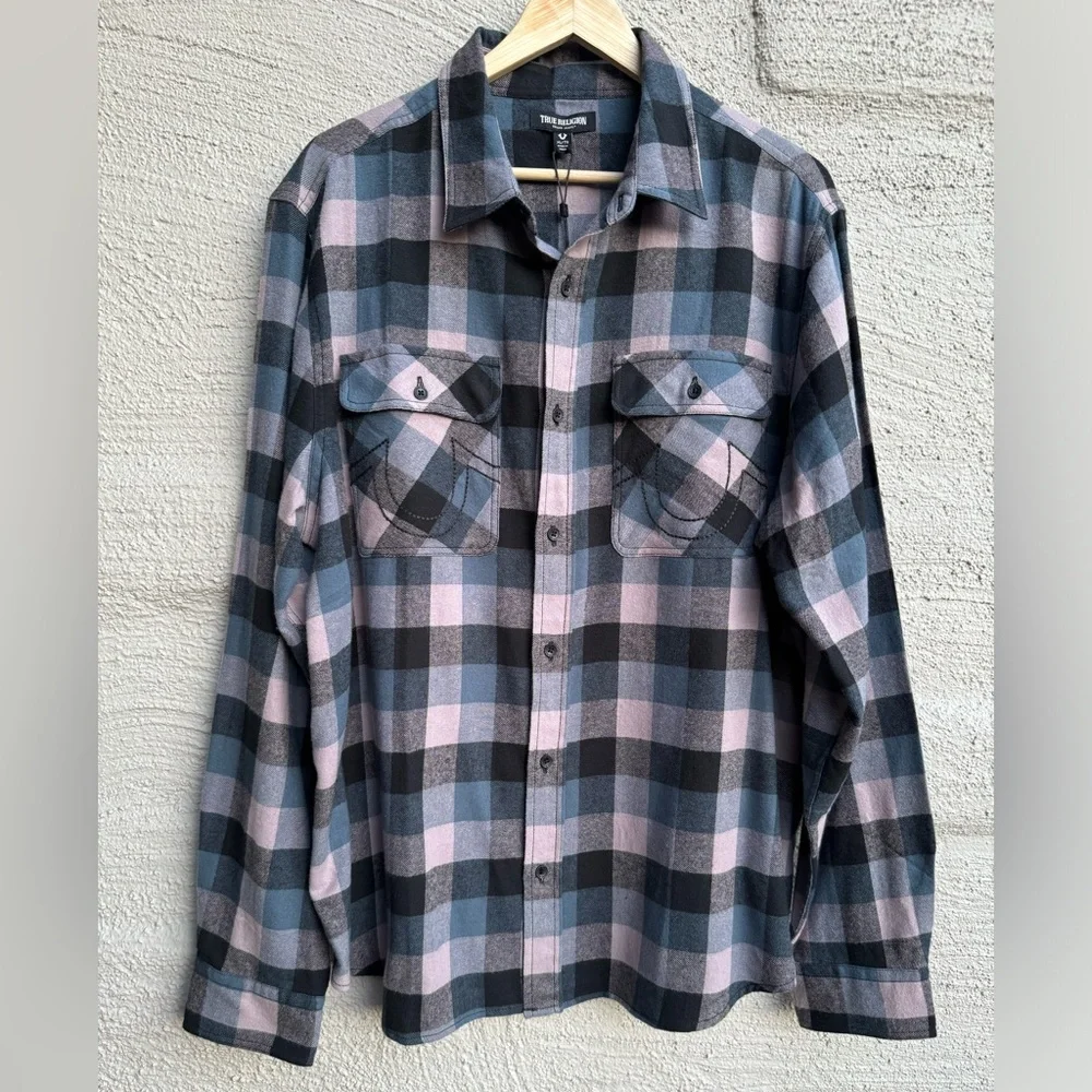 True Religion Palm Tree Check Plaid Long Sleeve Button Down Shirt. NWT. Size- XL